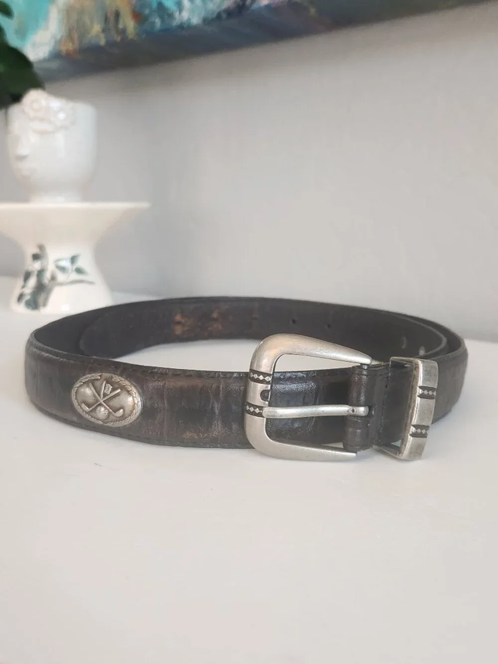 Vintage Imported Italian Leather w/Silver Concho Black Golf Belt | fits 37
